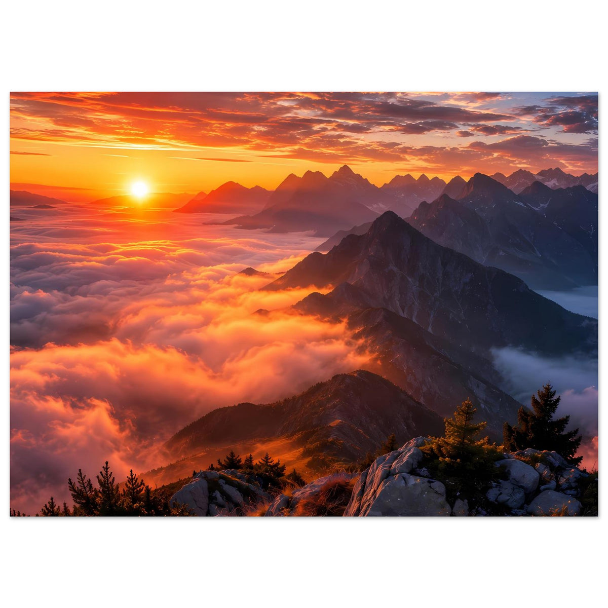 Gerahmtes Poster im Querformat: Sonnenuntergang über Bergen, orangefarbene Wolken und Tannen
