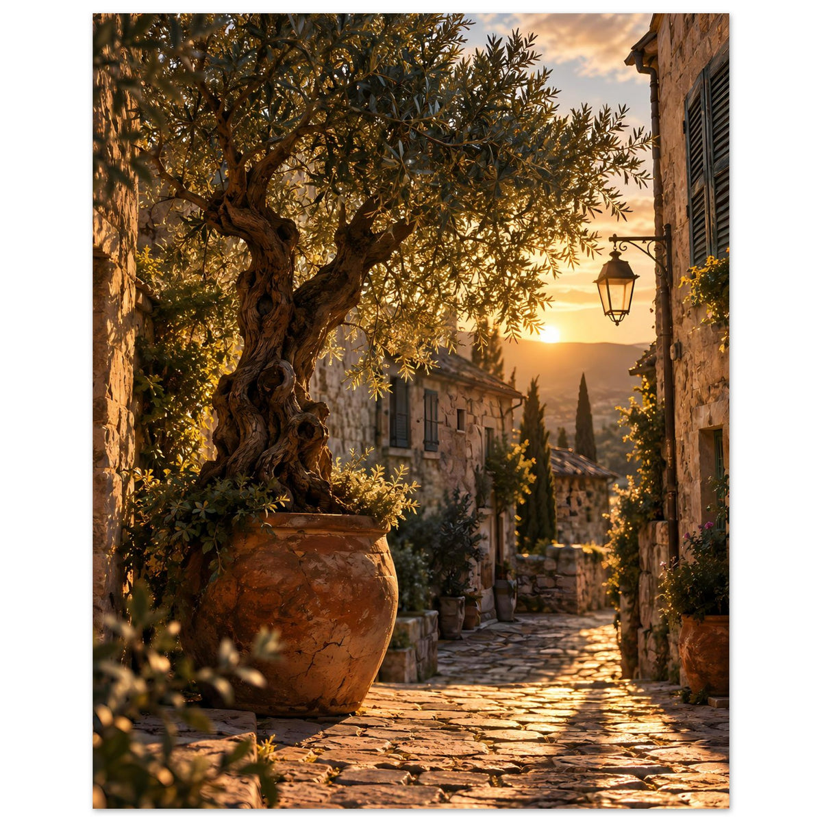 Sonnenuntergang-Poster mit Olivenbaum im Topf und Kopfsteinweg-Gasse im warmen Licht