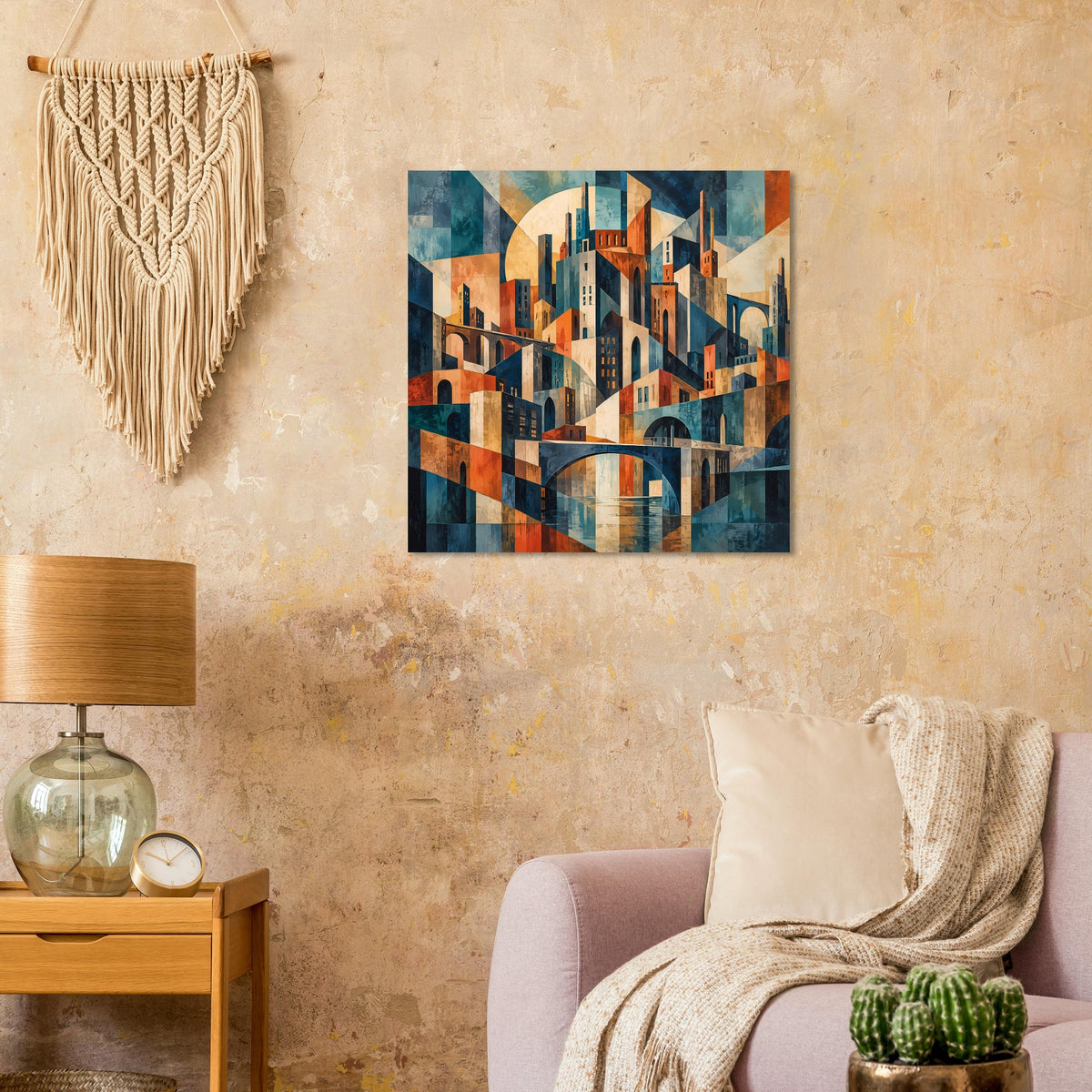Cityscape-Poster mit abstrakter Skyline und Brückenbogen in warmen Erd- und Blautönen