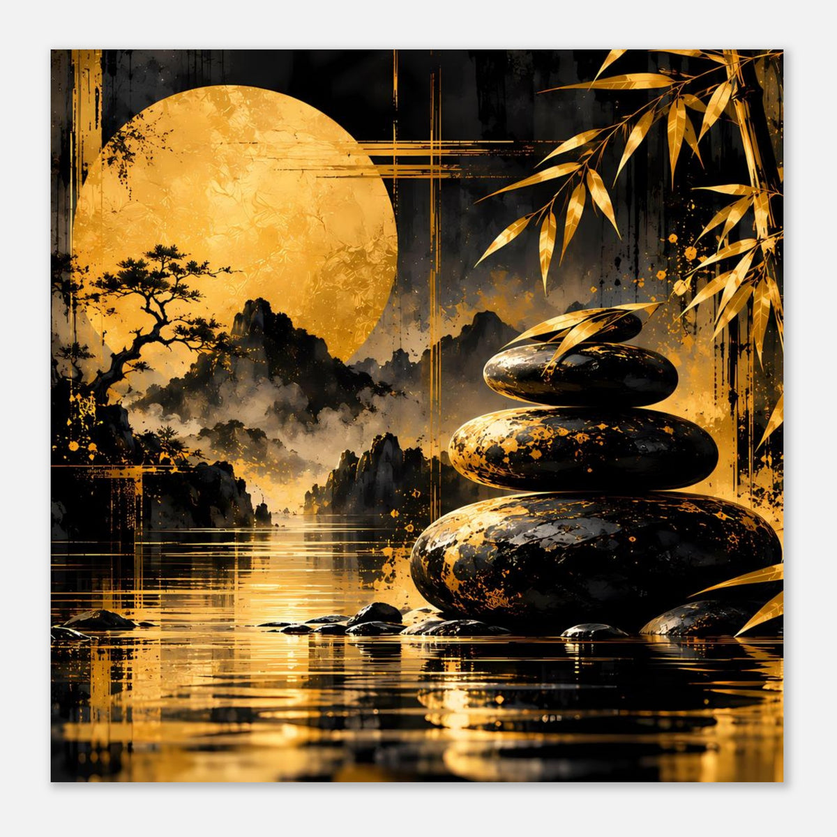 Horizontales Kunstposter: goldene Kreisform, schwarze Steine, Wasserreflexe und Bambus