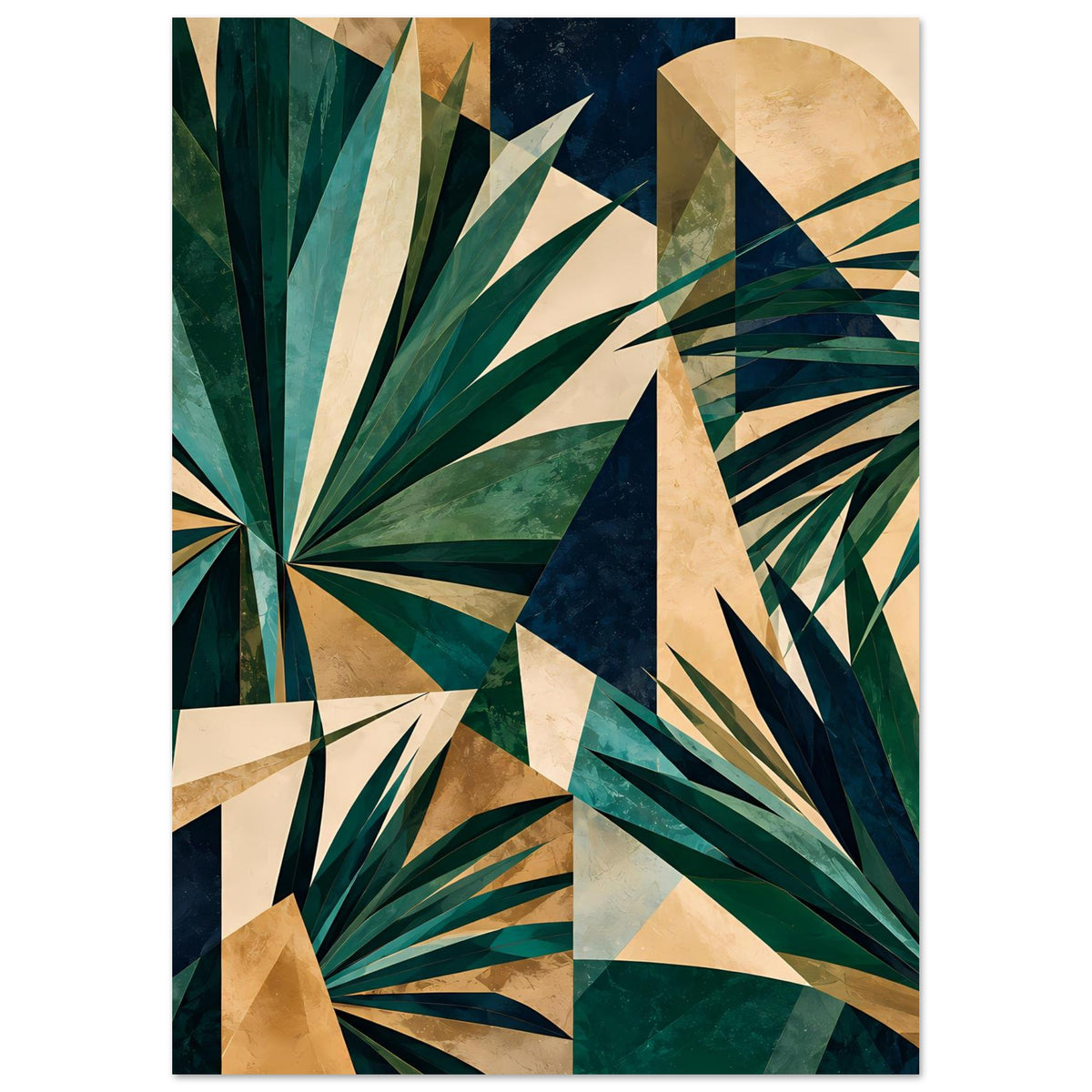 Kunstposter mit geometrischem Blattmuster in tiefem Grün und Gold, Hochformat