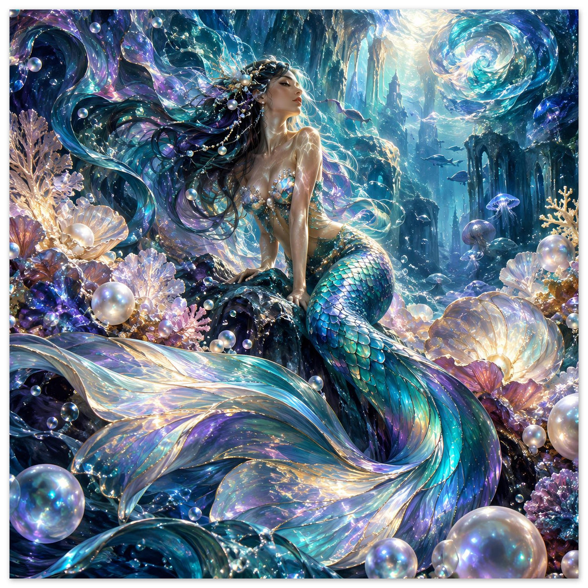 Fantasy-Poster Meerjungfrau zwischen Korallen, schimmernde Flosse und viele Perlen