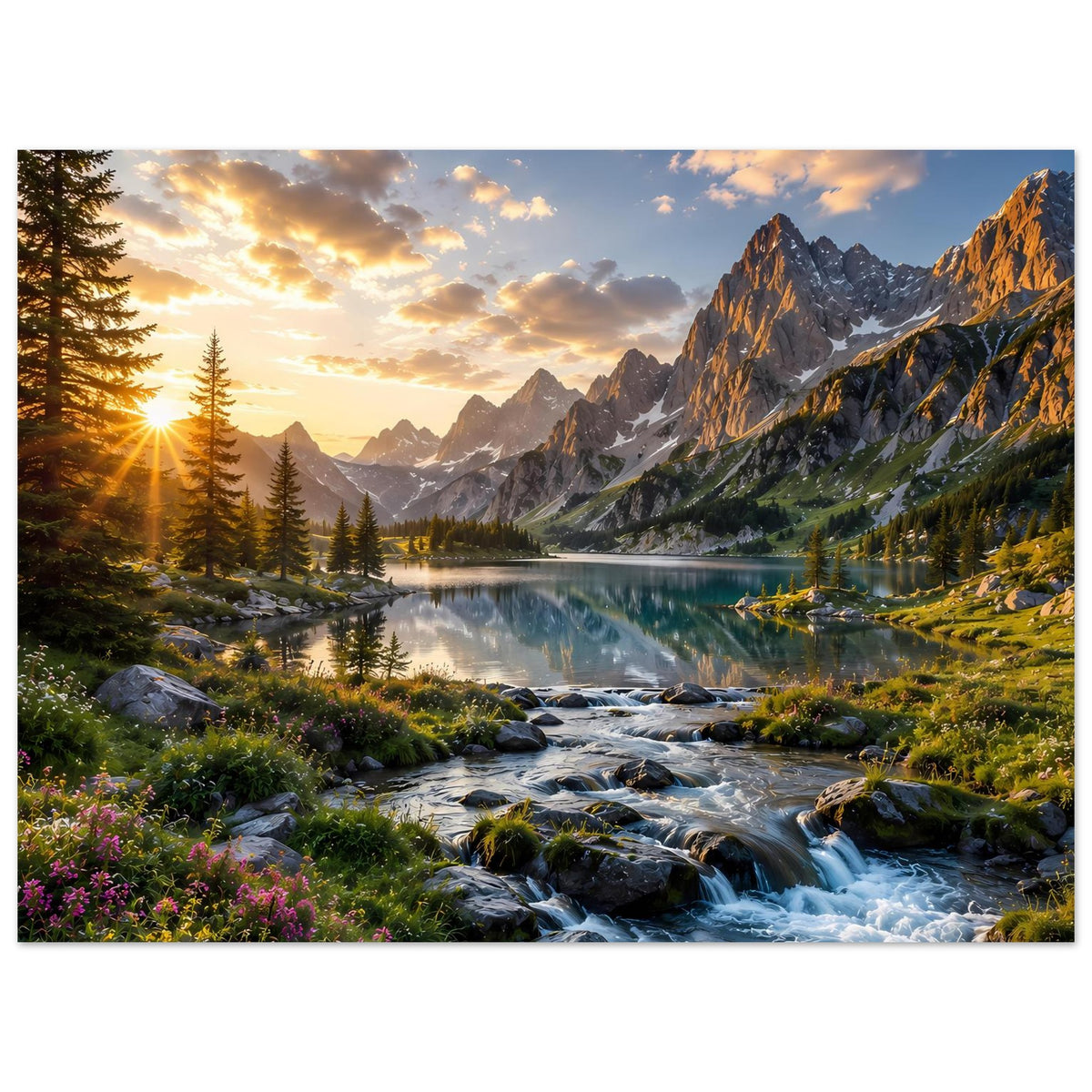 Majestic Mountain Sunrise-Poster: Sonnenaufgang über Berge, See und Gebirgsbach mit Blumen