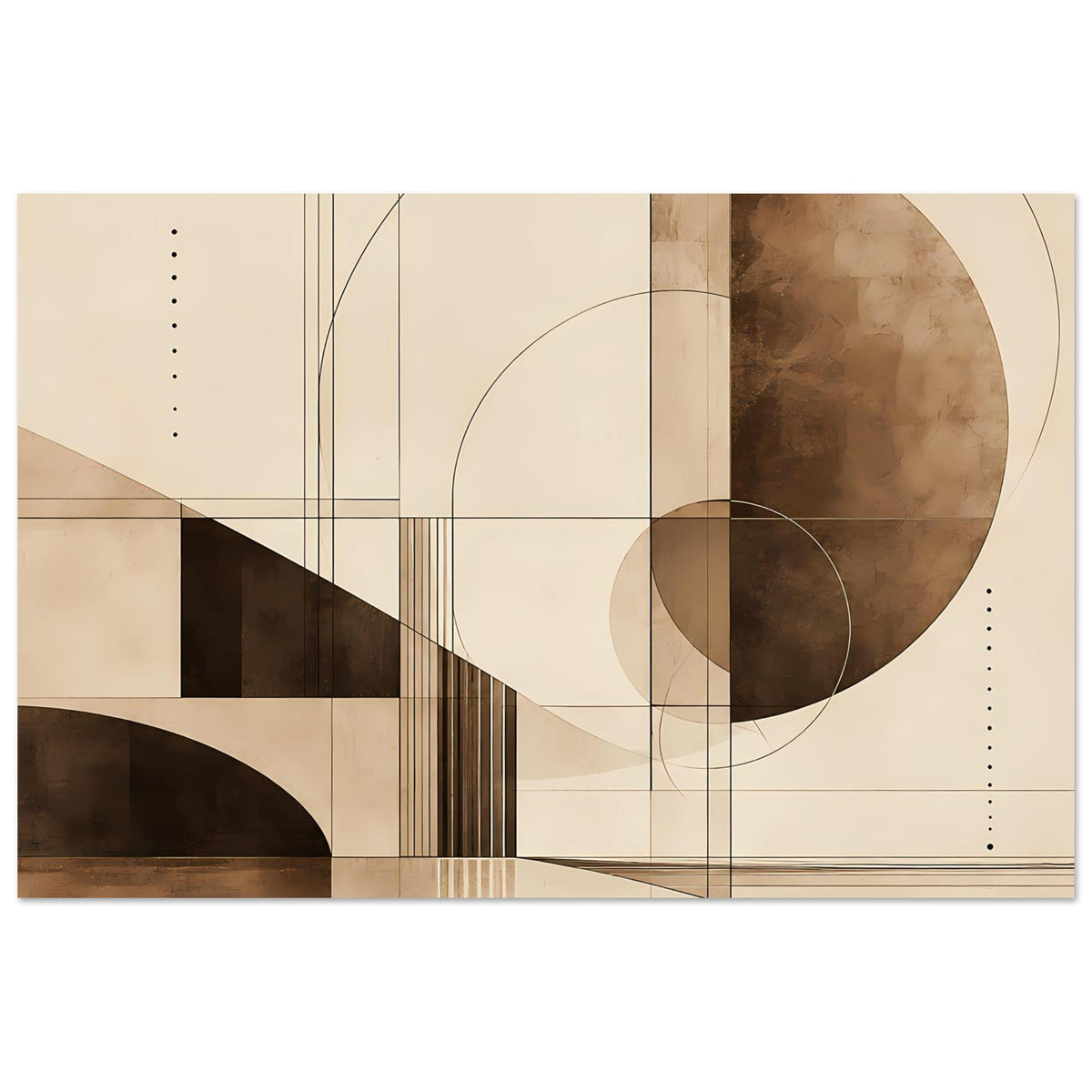 Horizontaler Kunstdruck mit abstrakten Kreis- und Linienformen in Sepia und Dunkelbraun