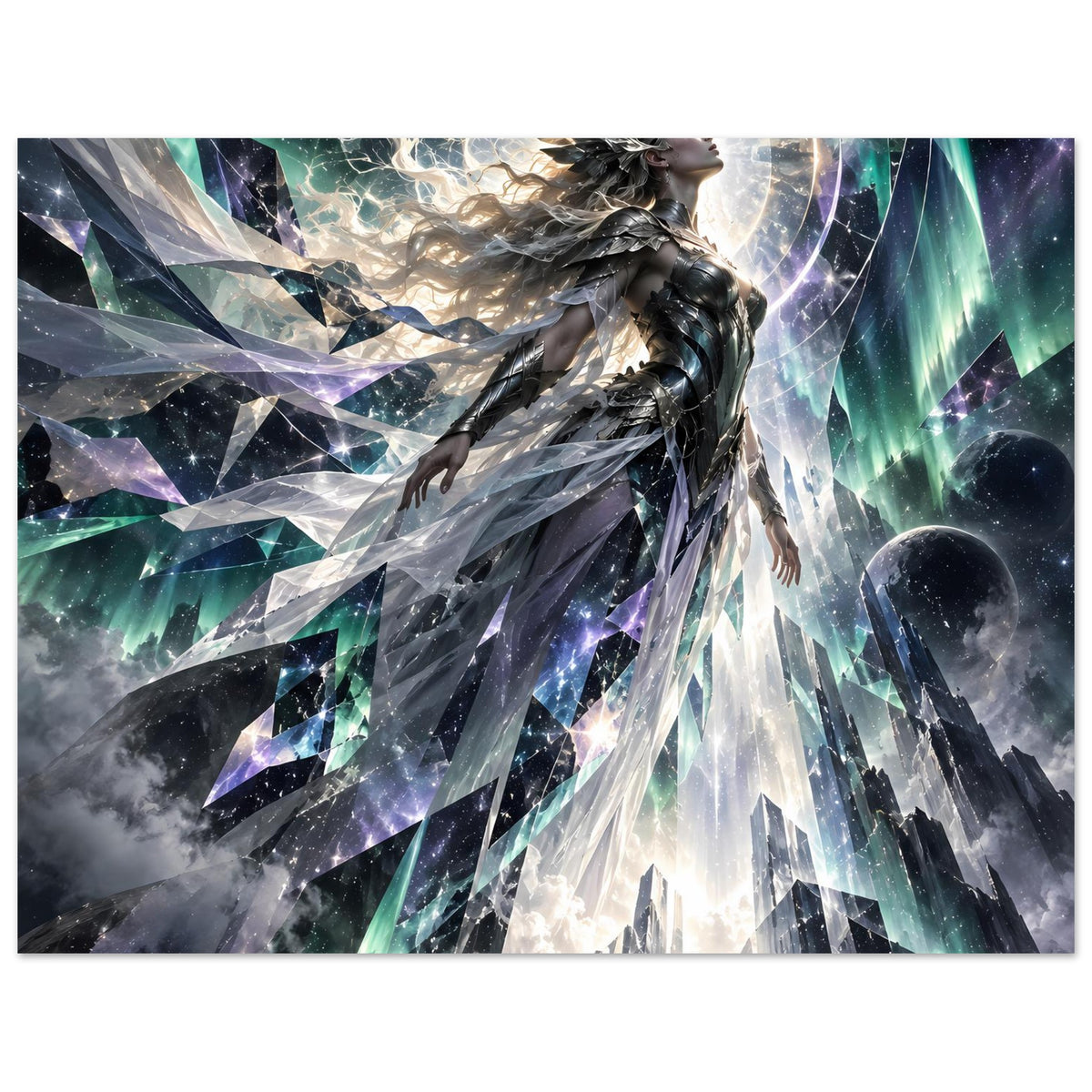 Horizontales Fantasy-Poster: Kriegerfigur mit silberner Rüstung, leuchtender Kreis im Hintergrund