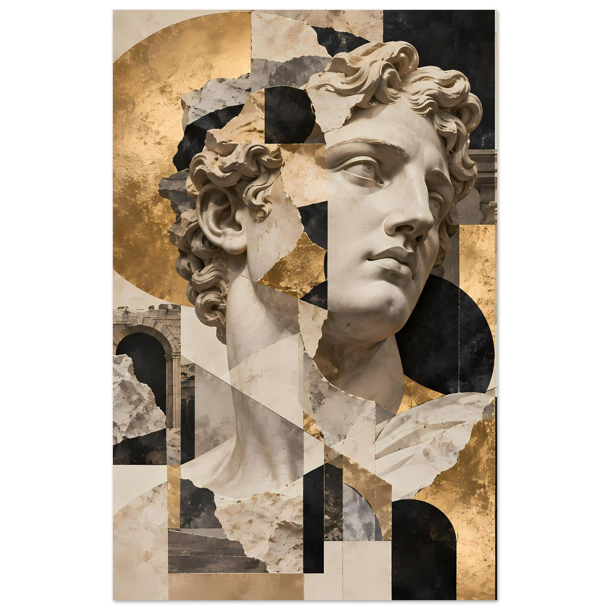 Kunstposter mit Profil der antiken Statue, Collage in Beige, Schwarz und Goldakzenten