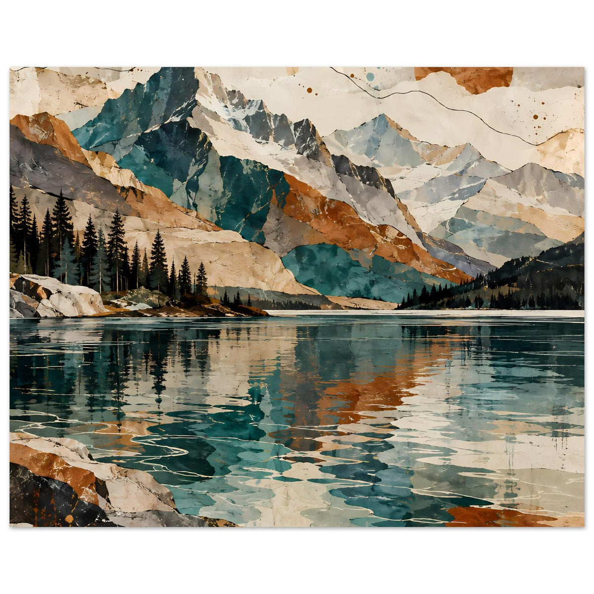 Poster im Querformat: Berge und See mit Tannenwald, türkisgrüne Reflexionen.