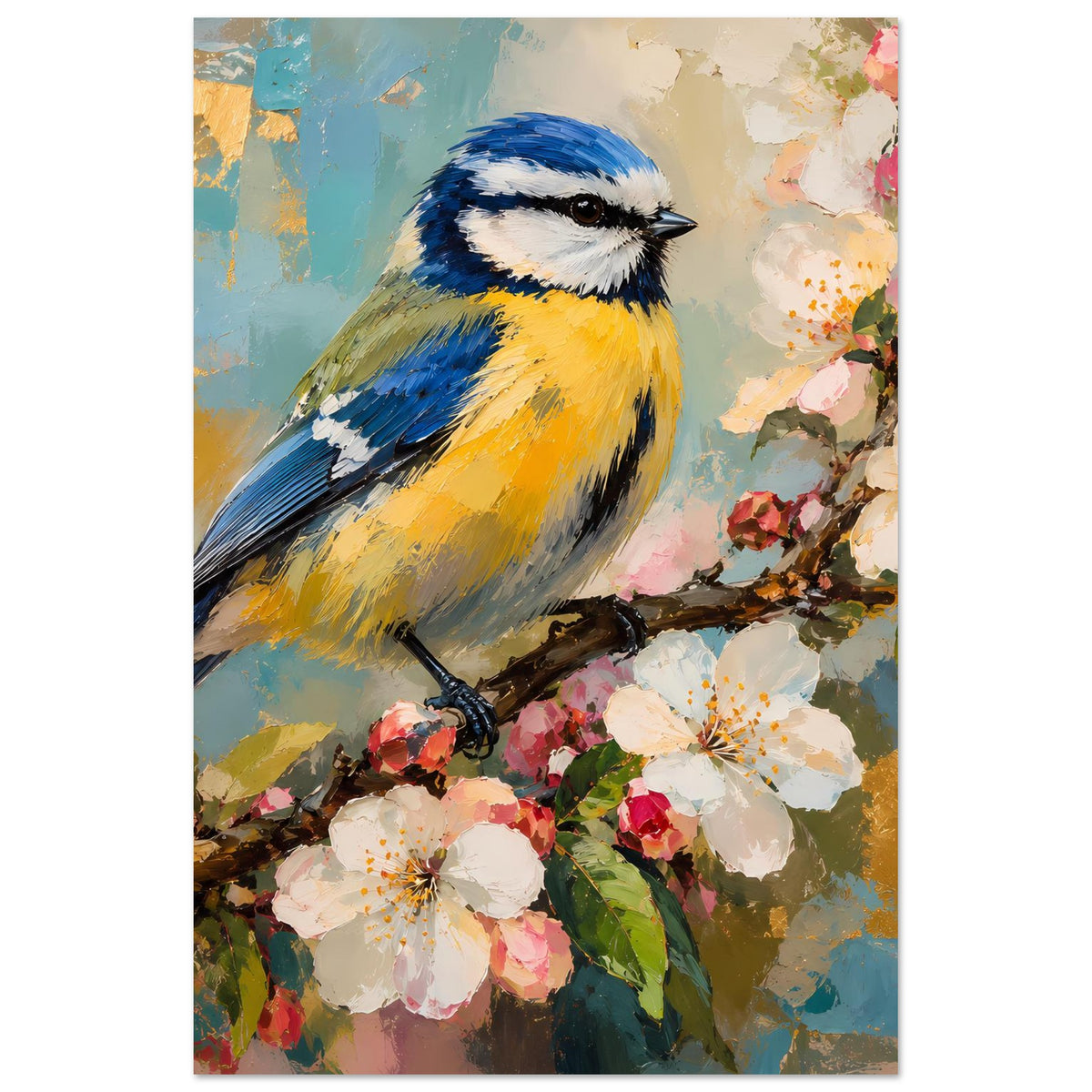 Vogelkunst-Poster mit blauer Kohlmeise, sitzt auf Ast, umgeben von Frühlingsblüten