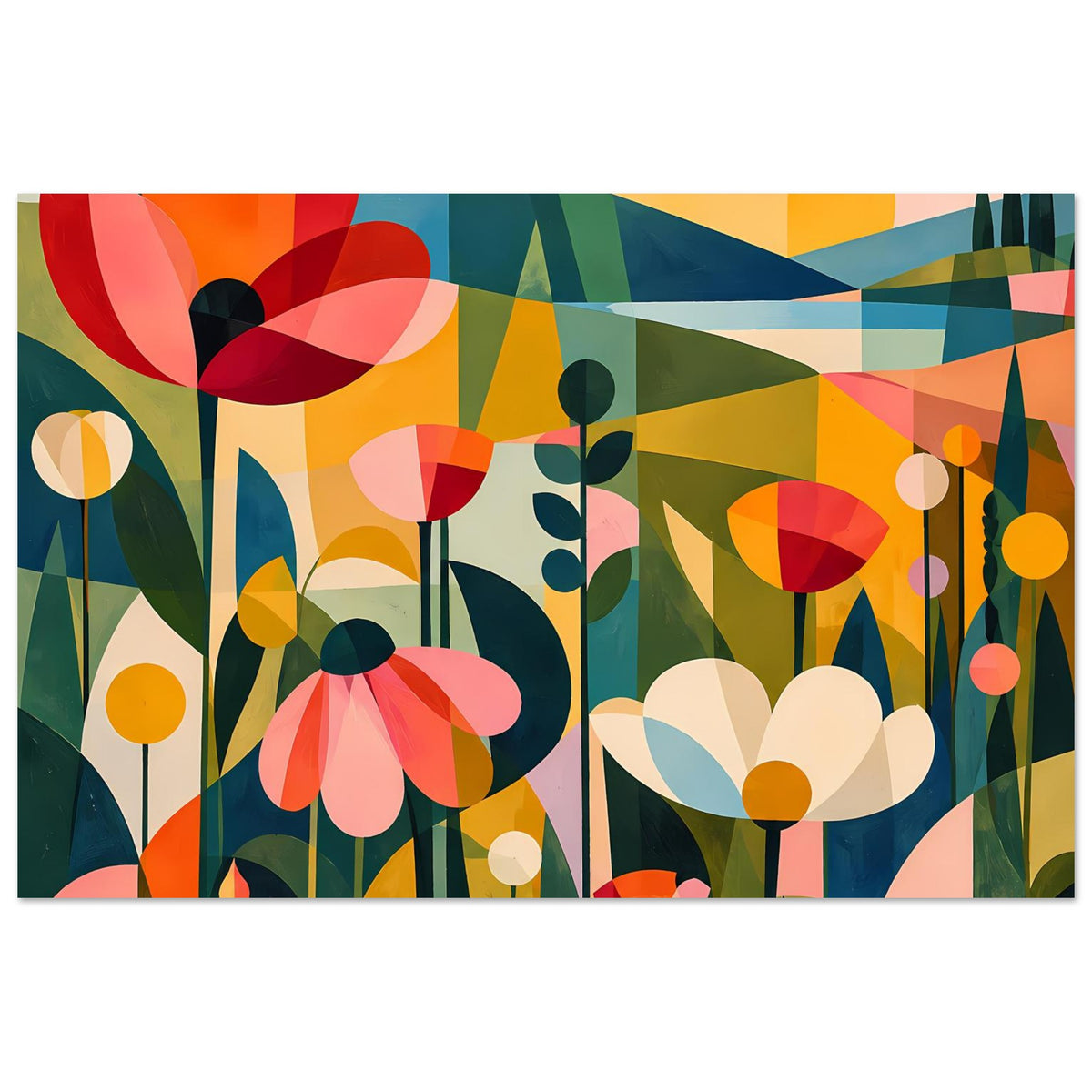 Abstraktes Blumenposter im Querformat: farbige Blüten, Kreise und dunkelgrüne Silhouetten
