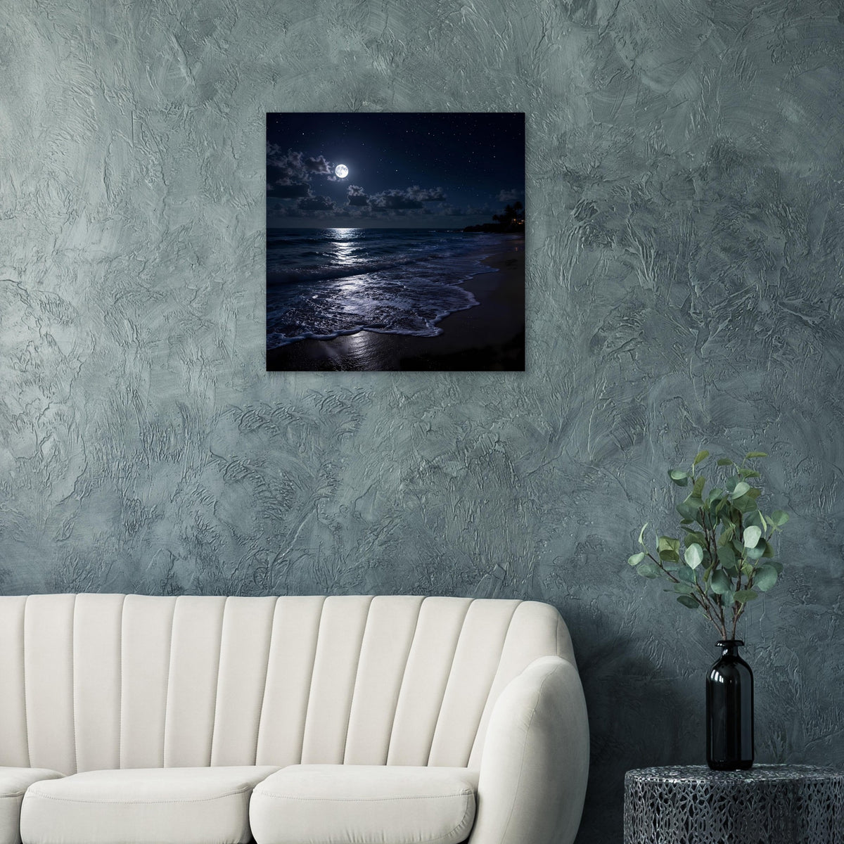 Quadratisches Poster mit Mond über dem Ozean und dunklen Wellen im Nachtszenen-Look