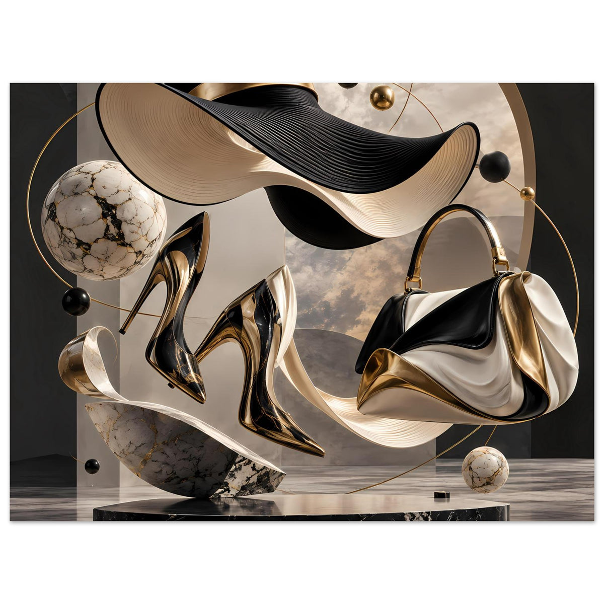 Gerahmtes abstraktes Poster: schwarze und goldene Schuh- und Taschenmotive, seitliche Kugel-Details.