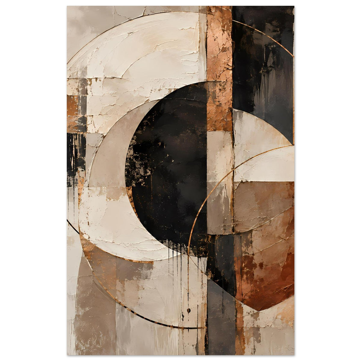 Abstraktes Geometrie-Poster mit Kreisformen und Linienzug in warmem Beige, Schwarz und Braun.