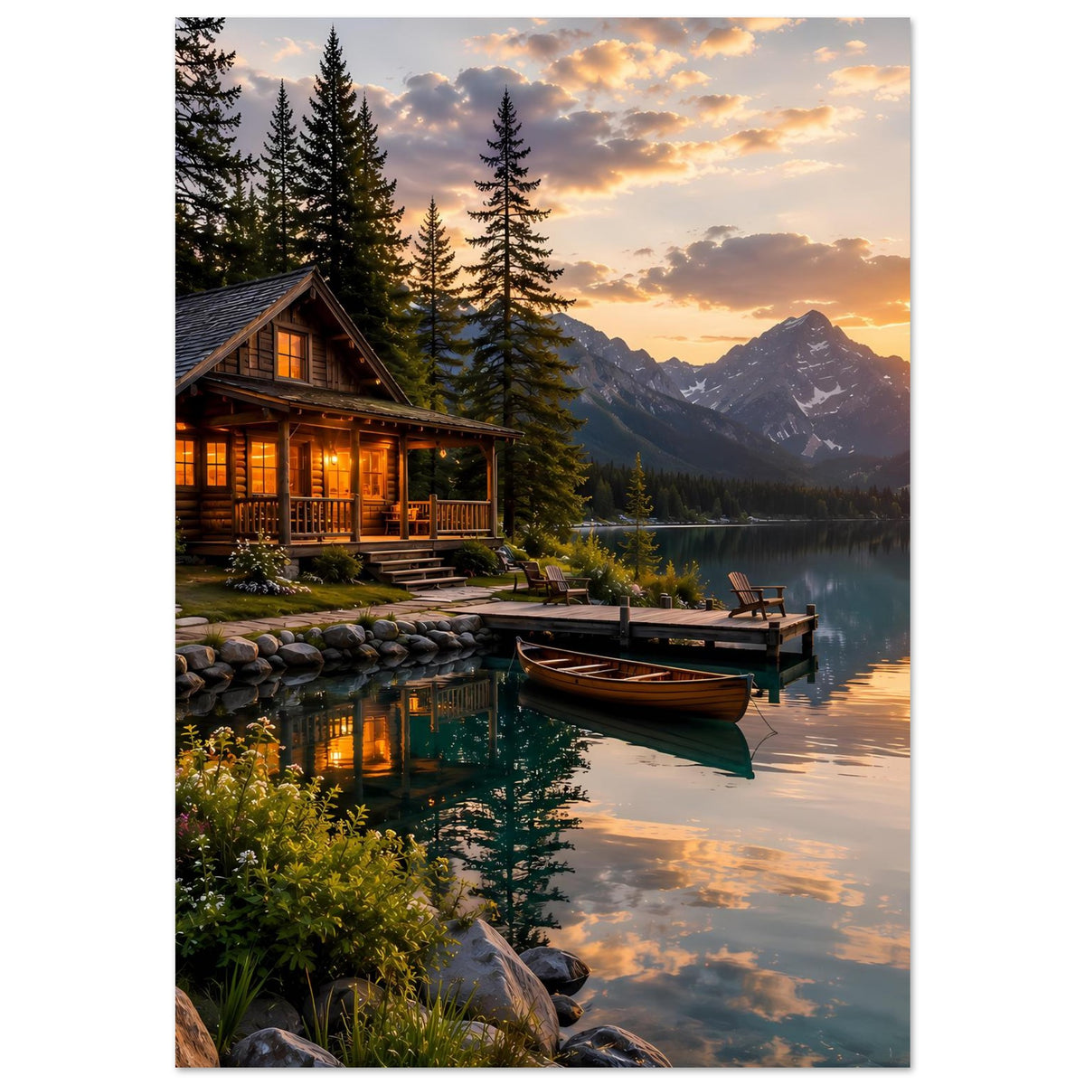 Poster mit Seeblick auf Blockhütte, Steg, Boot und Berge im goldenen Abendlicht