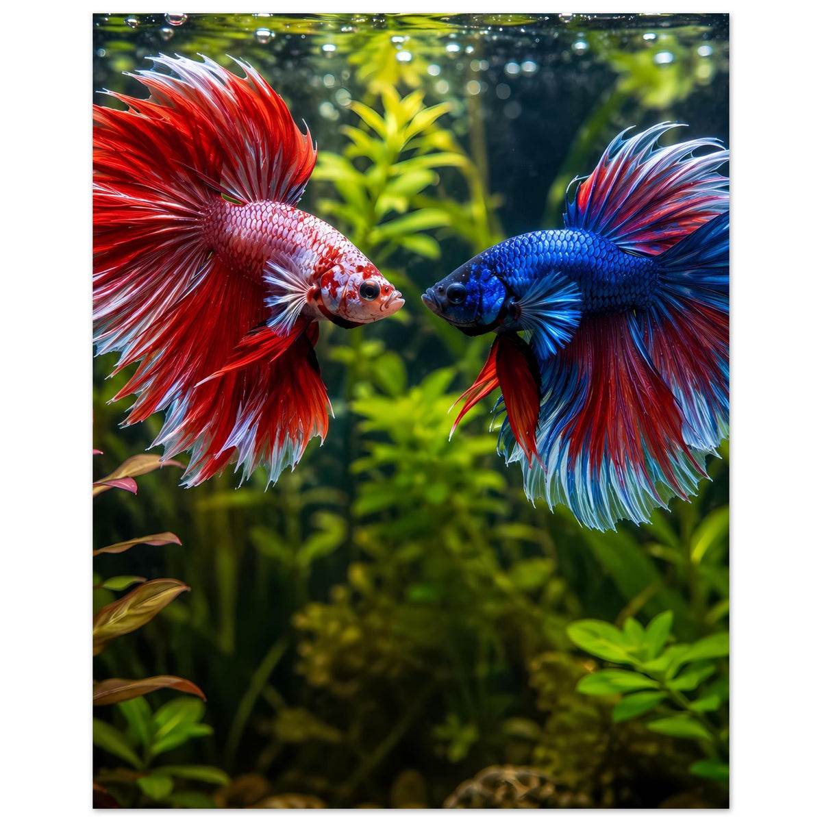 Poster im Hochformat mit rotem und blauem Kampffisch Betta, Rückenflossen ausgebreitet, Pflanzen