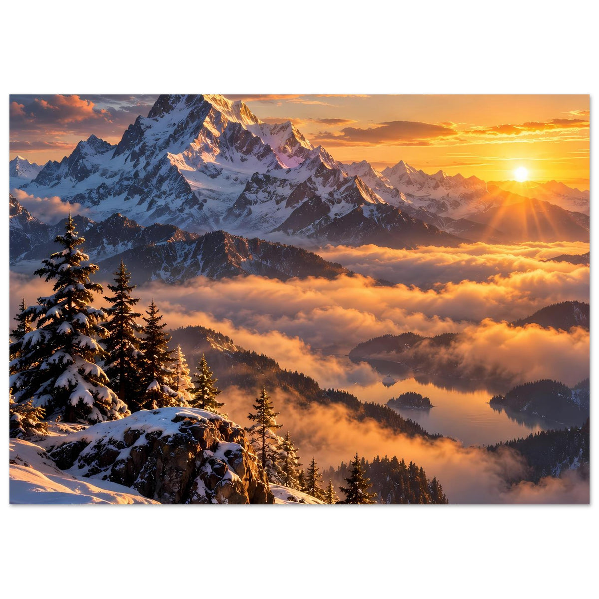 Horizontales Poster: verschneite Berge, goldene Sonne über Wolken und Fichten im Vordergrund