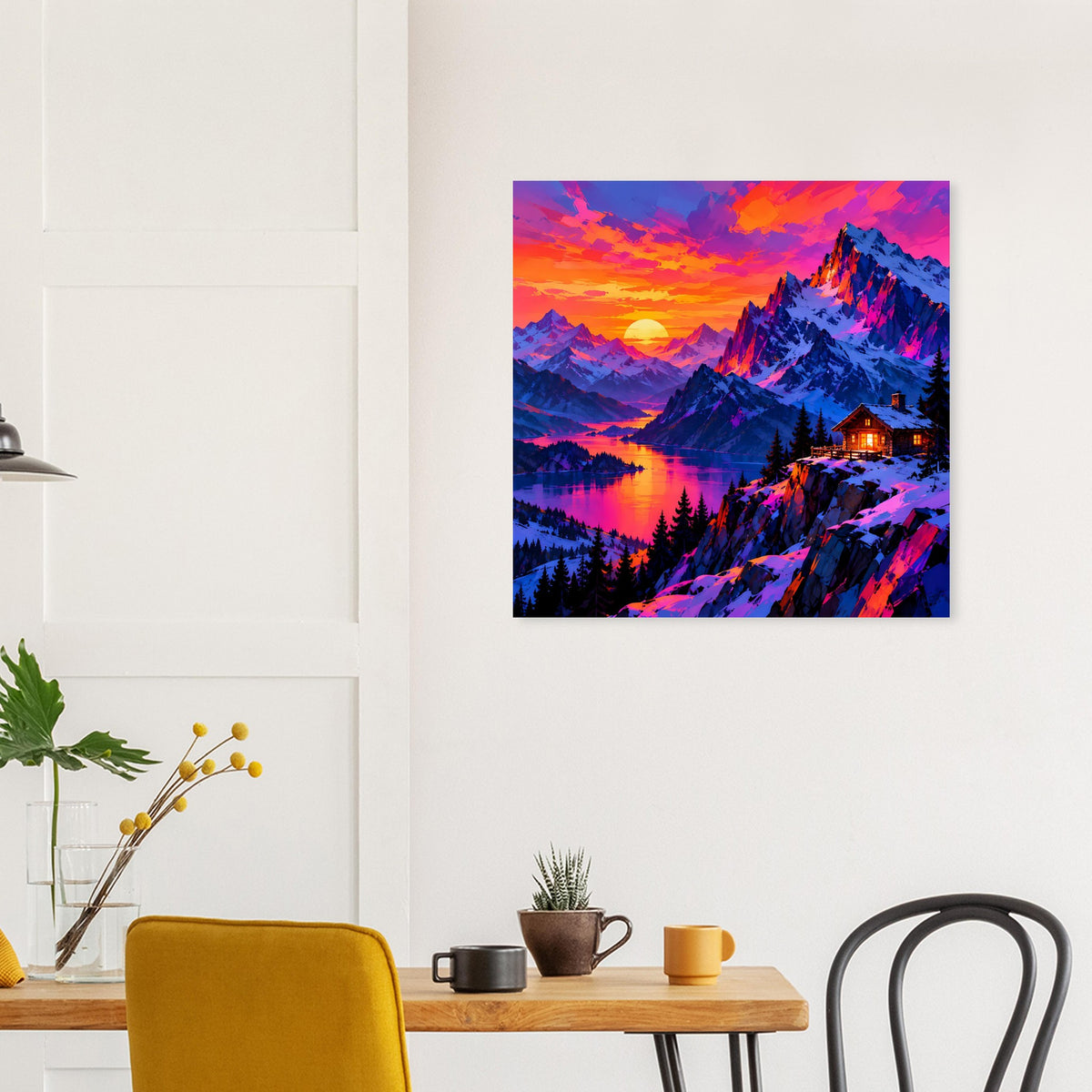 Quadratisches Wandposter mit Sonnenuntergang über verschneiten Bergen und violettem Farbton