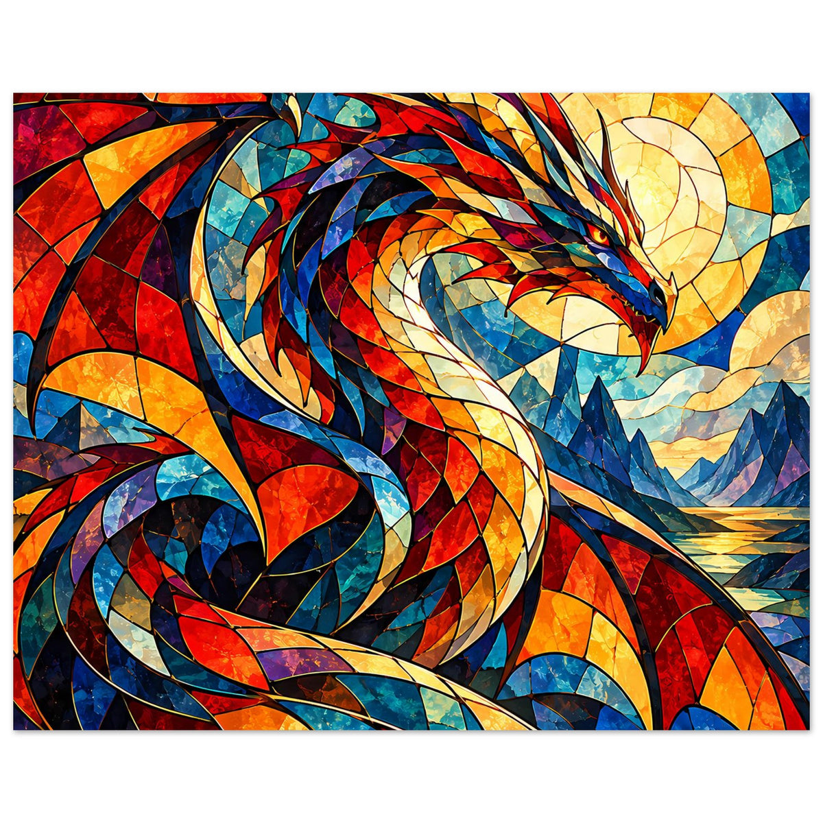 Drachen-Glasmalerei-Poster: großflächiger Drache mit Zackenflügeln, leuchtende Farben