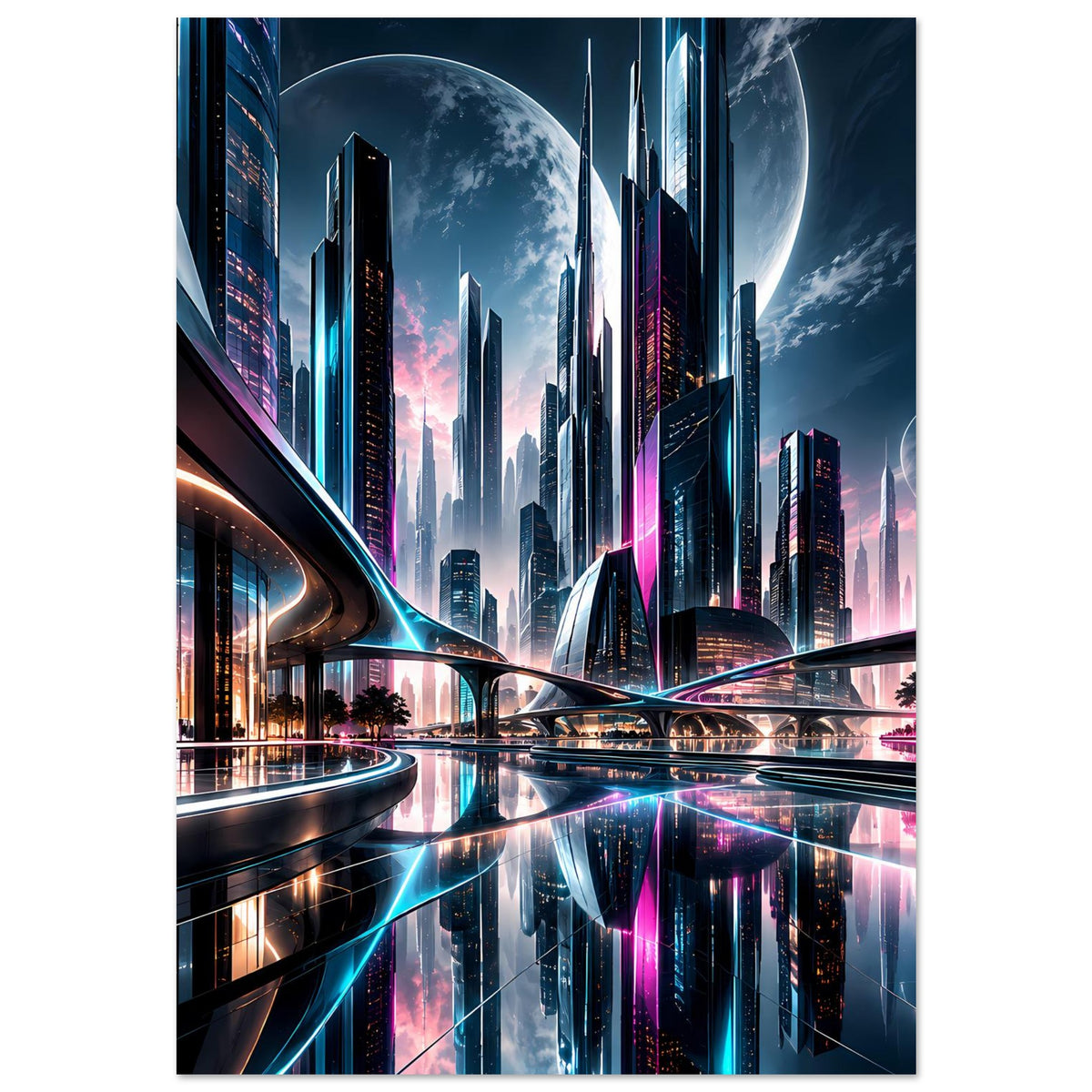 Neon-Stadt-Skyline-Poster (hochkant): Wolkenkratzer, leuchtende Straßenkreuzung und Mondschein