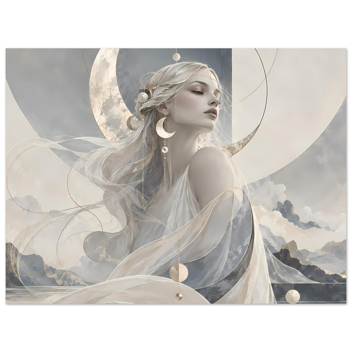 Horizontales Poster mit Mondgöttin im hellen Gewand, Schleier, Halbmond über Wolken