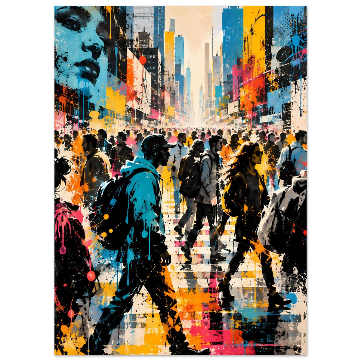 Street-Art-Poster mit belebtem Gehweg, Figuren in Schwarz und Blau sowie Spritzfarben