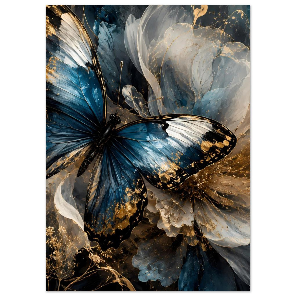 Poster mit blauem Schmetterling, weißen Flügeln und goldenen Schimmerpartikeln