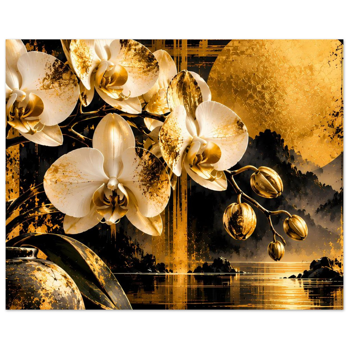 Orchideenposter mit weißen Orchideen und goldener Mondsichel, schwarze Details und Reflexe