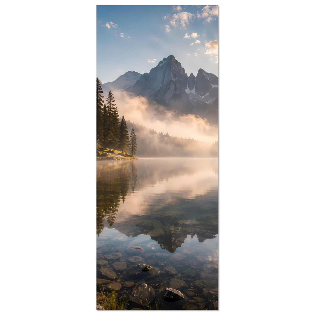 Hochformat-Poster mit Bergkette, Nebelfläche über dem See und Fichten am Ufer