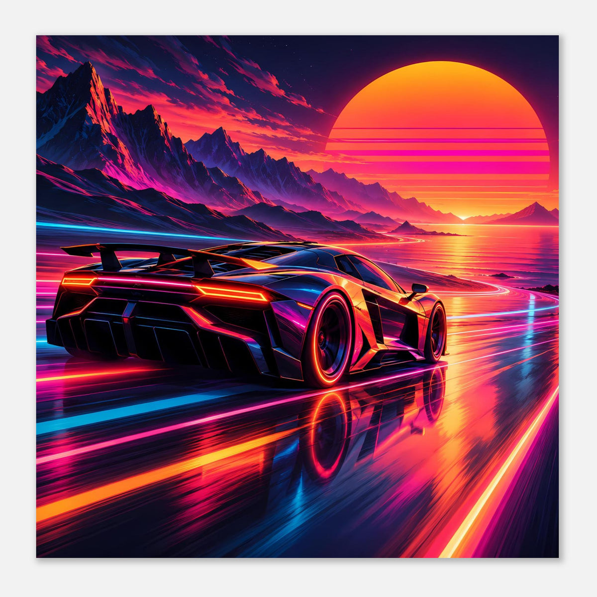 Poster mit Supercar vorne mittig, neonfarbene Fahrbahnspuren und orangefarbener Horizont.