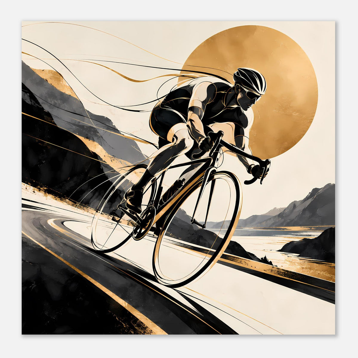 Sportposter: Rennradfahrer-Print in Schwarz und Gold, Fokus auf Lenker und Vorderreifen