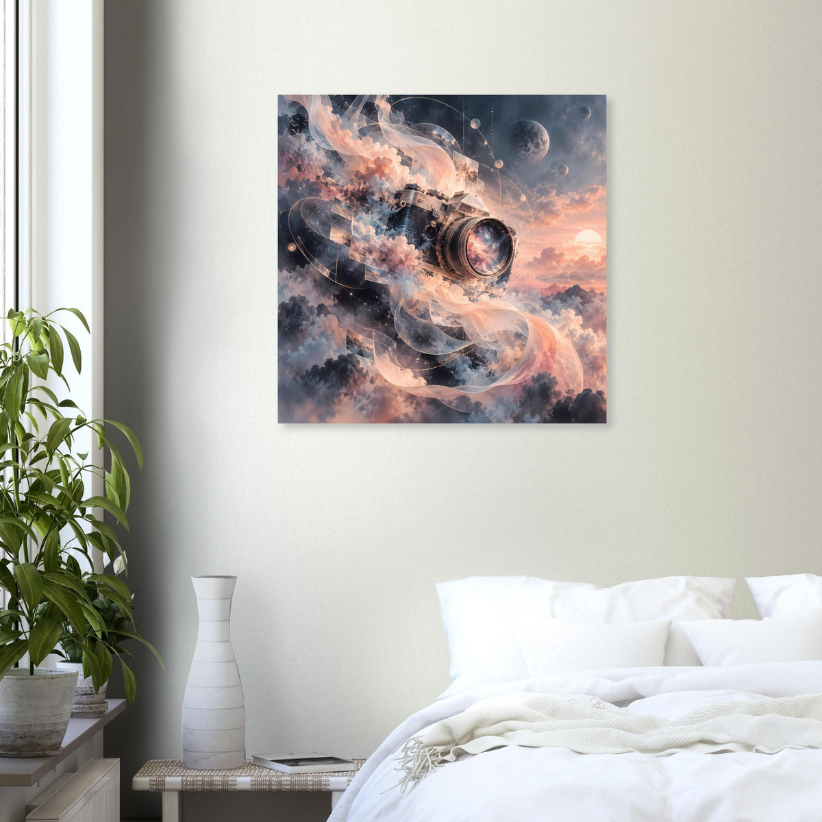 Kamera-Poster im Querformat mit Kameraobjektiv in wolkigem Weltraumhimmel