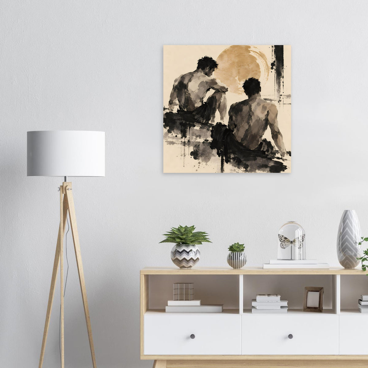 Figuratives Kunstposter mit zwei Rückenfiguren in warmen Sepiatönen und Schwarz, im Rahmen