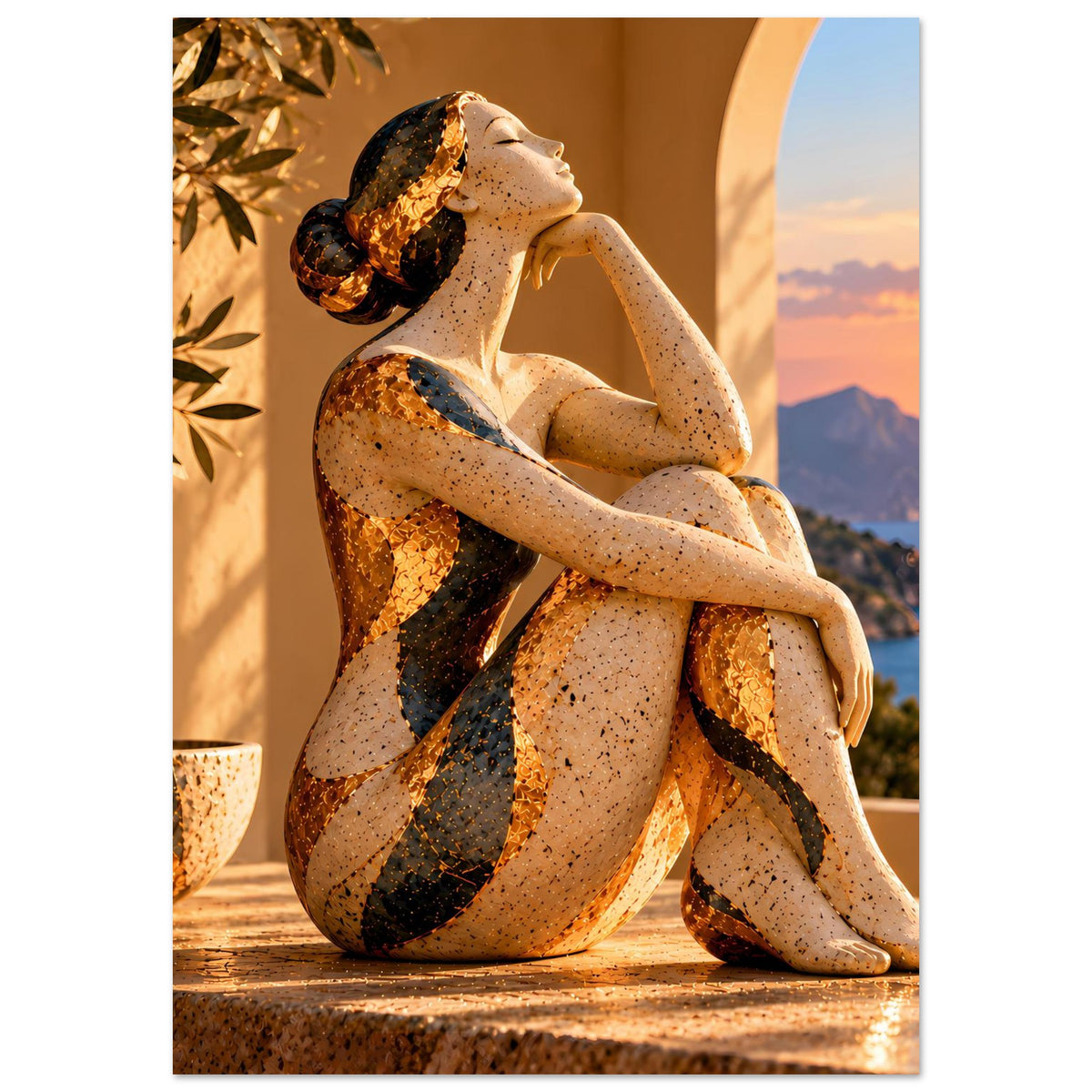 Kunstposter mit sitzender Aktfigur, Seitenansicht mit Blick auf Küstenlinie