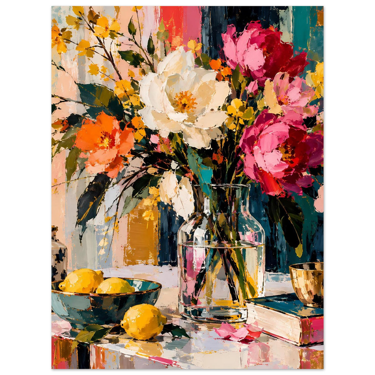 Blumenstillleben-Poster, engerer Bildausschnitt mit bunten Blüten, Vase und Schale.