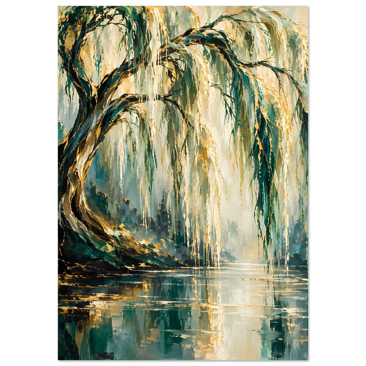 Poster im Hochformat mit weinendem Baum, goldenen Highlights und Wasserfläche