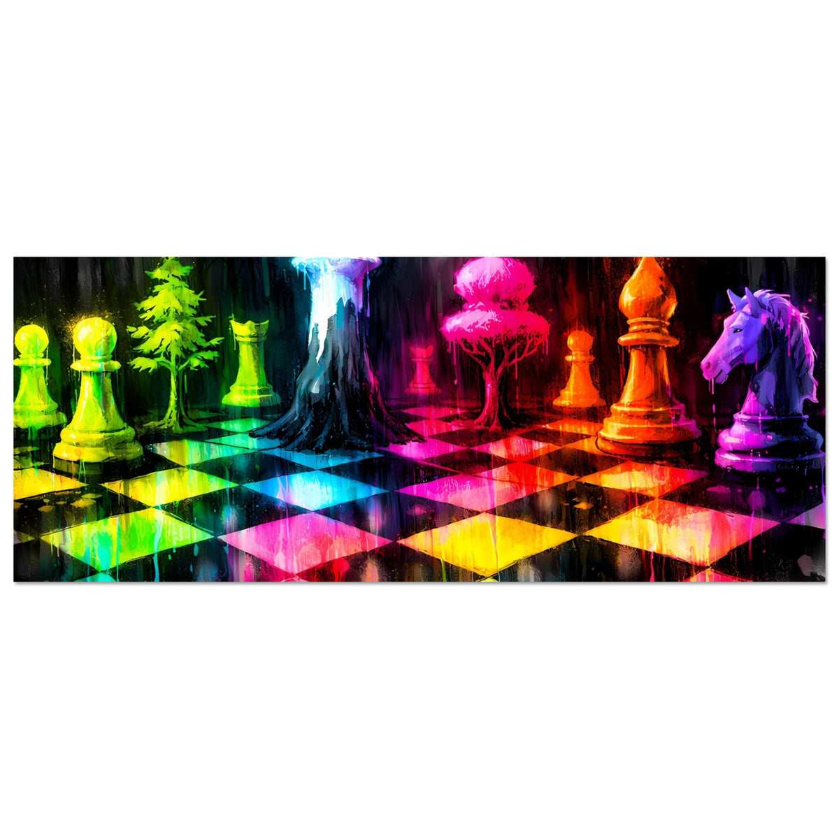Schachspiel-Poster (Querformat) mit Neon-Schachfiguren und buntem leuchtendem Brett