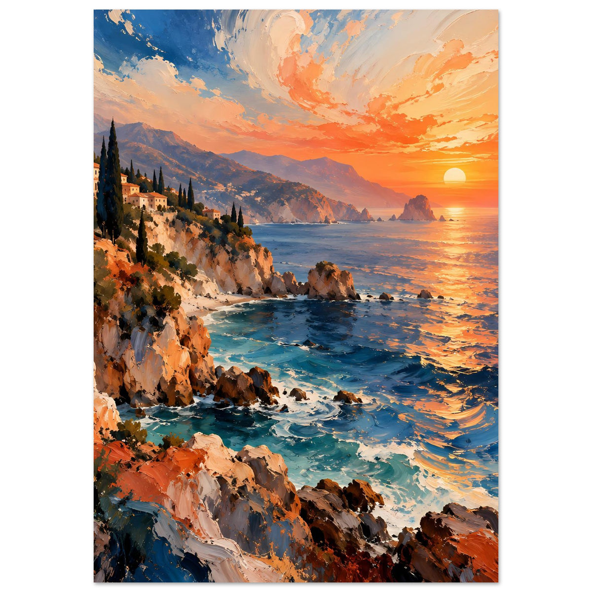 Landschafts-Poster (hochkant) mit Sonnenuntergang über dem Meer, Klippen links und Brandung