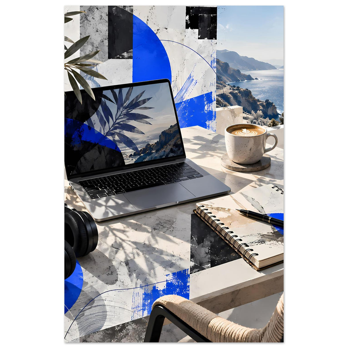 Küstenposter mit blauem Abstractmotiv und Meerblick, Laptop und Tasse im Vordergrund