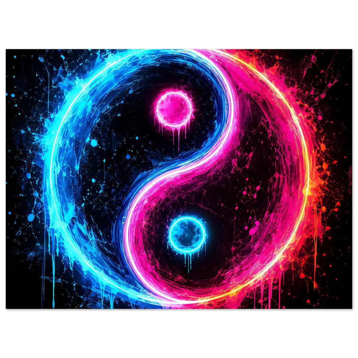 Neon-Yin-Yang-Poster mit leuchtendem Yin-Yang in Blau und Pink, umgeben von Farbnebel.