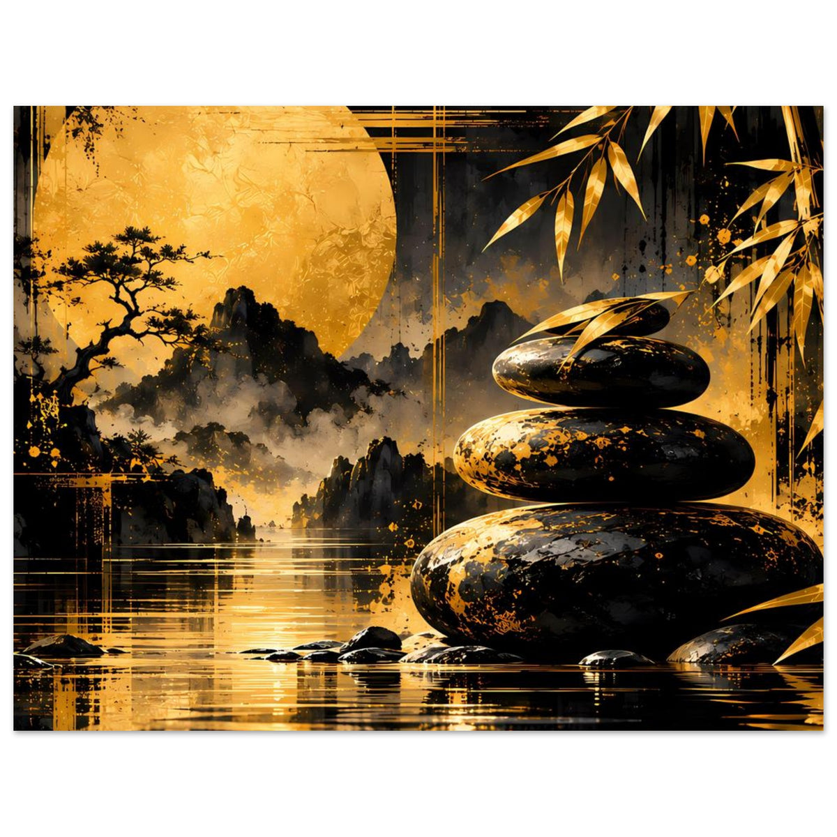 Horizontales Kunstposter in Gold und Schwarz: Sonne, Steinhaufen und Bambus am Rand