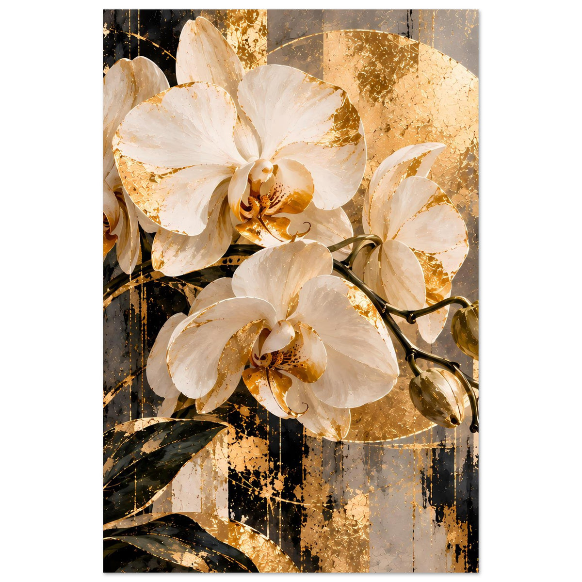 Blumenposter im Hochformat mit weißen Orchideenblüten und goldenen Akzenten, stilisierte Zweige.