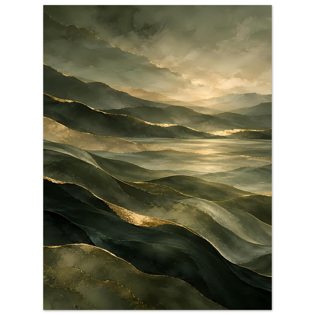 Landschafts-Poster mit grünen Bergkuppen, goldener Dämmerung und weiten Tälern, vertikal.