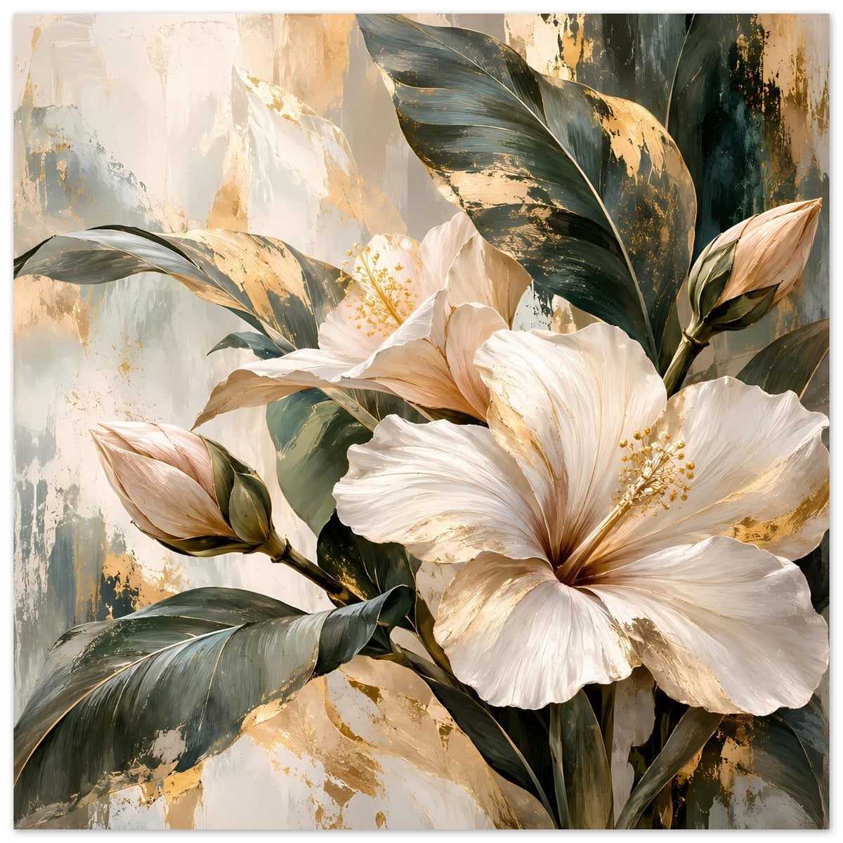 Blumenposter: weiße große Blüte mit goldener Staubfaden-Optik und grünen Blättern
