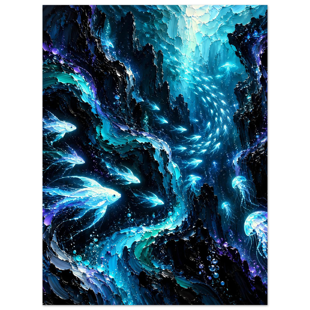Leuchtendes Unterwasser-Poster im Hochformat: leuchtende Fische, Quallen und aufsteigende Blasen
