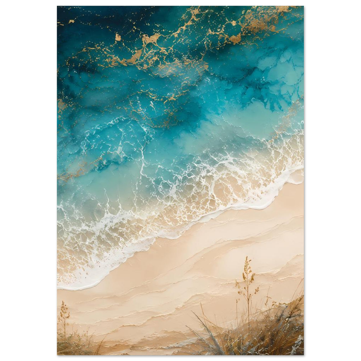 Küstenposter vertikal mit türkisblauem Wasser, goldenen Sprenkeln und Strand