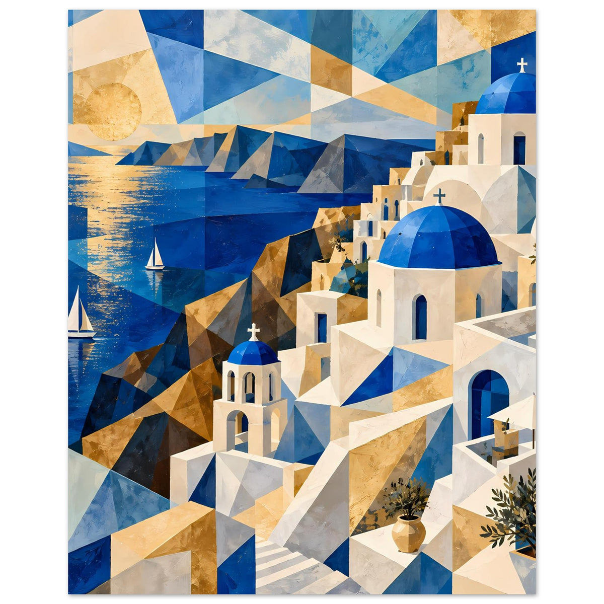 Geometrisches Poster, rechte Bildhälfte mit blauen Kuppeln und weißen Häusern vor blau-goldenem Muster