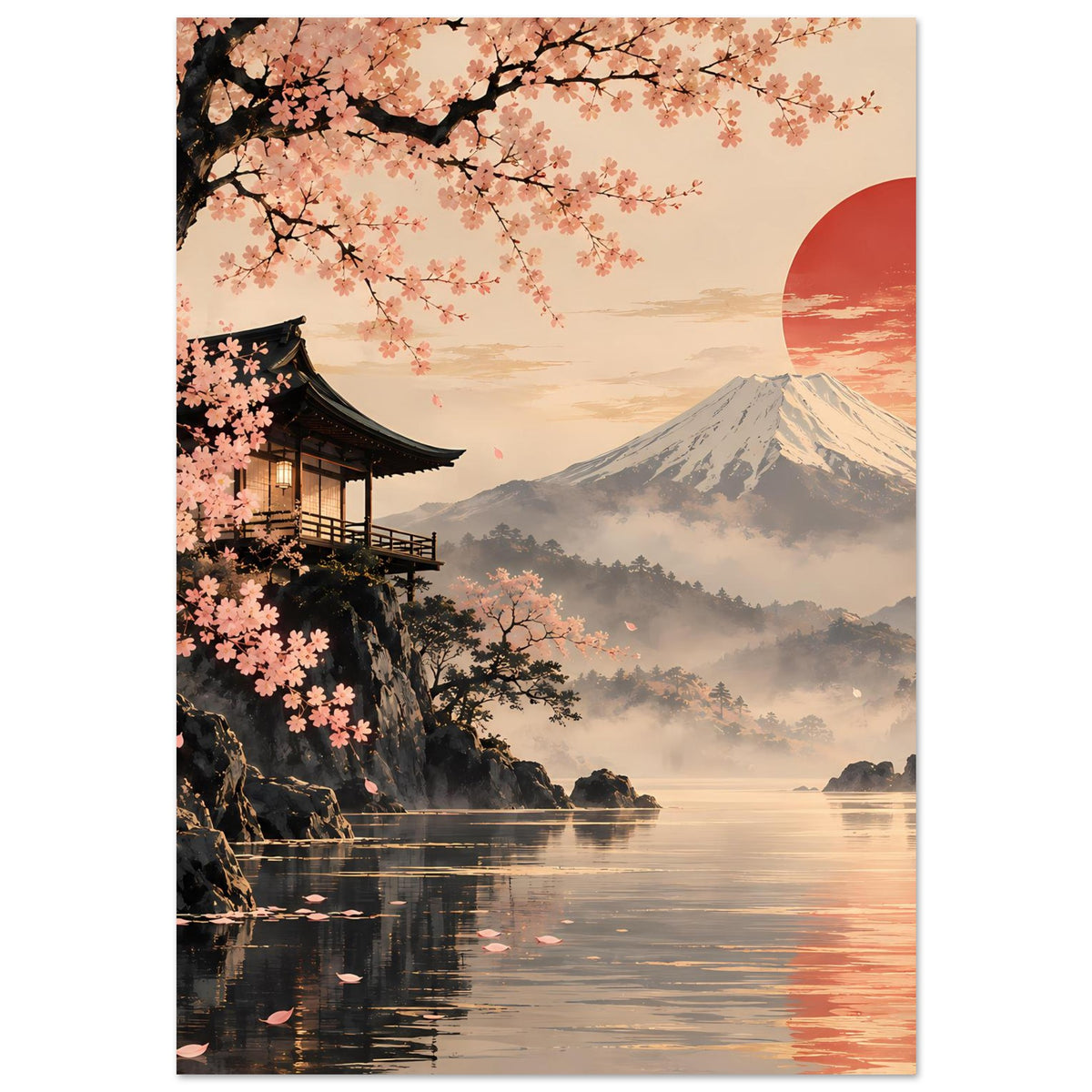 Poster mit Kirschblütenzweigen, links Pagode am Hang, Fuji-Berg, roter Sonnenkreis am Himmel