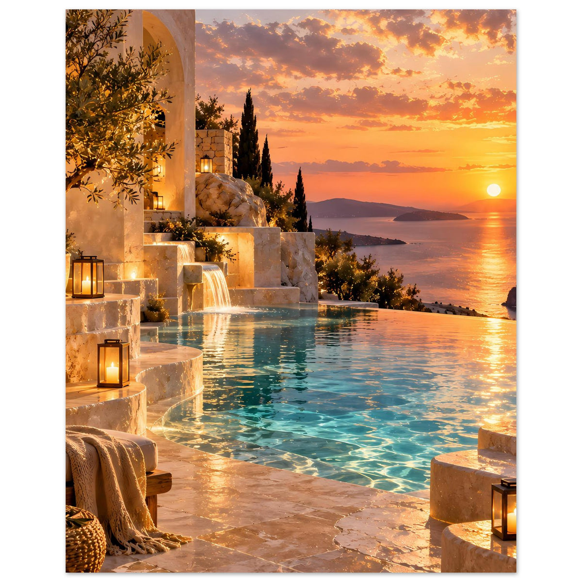 Maritimes Landschaftsposter: Terrassenpool mit Springbrunnen, Laternen und Abendhimmel über dem Meer