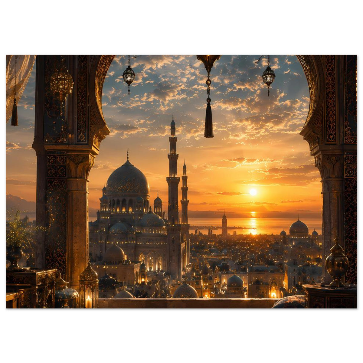 Poster im Querformat: Sonnenuntergang über der Moschee, Blick durch Rundbogen.