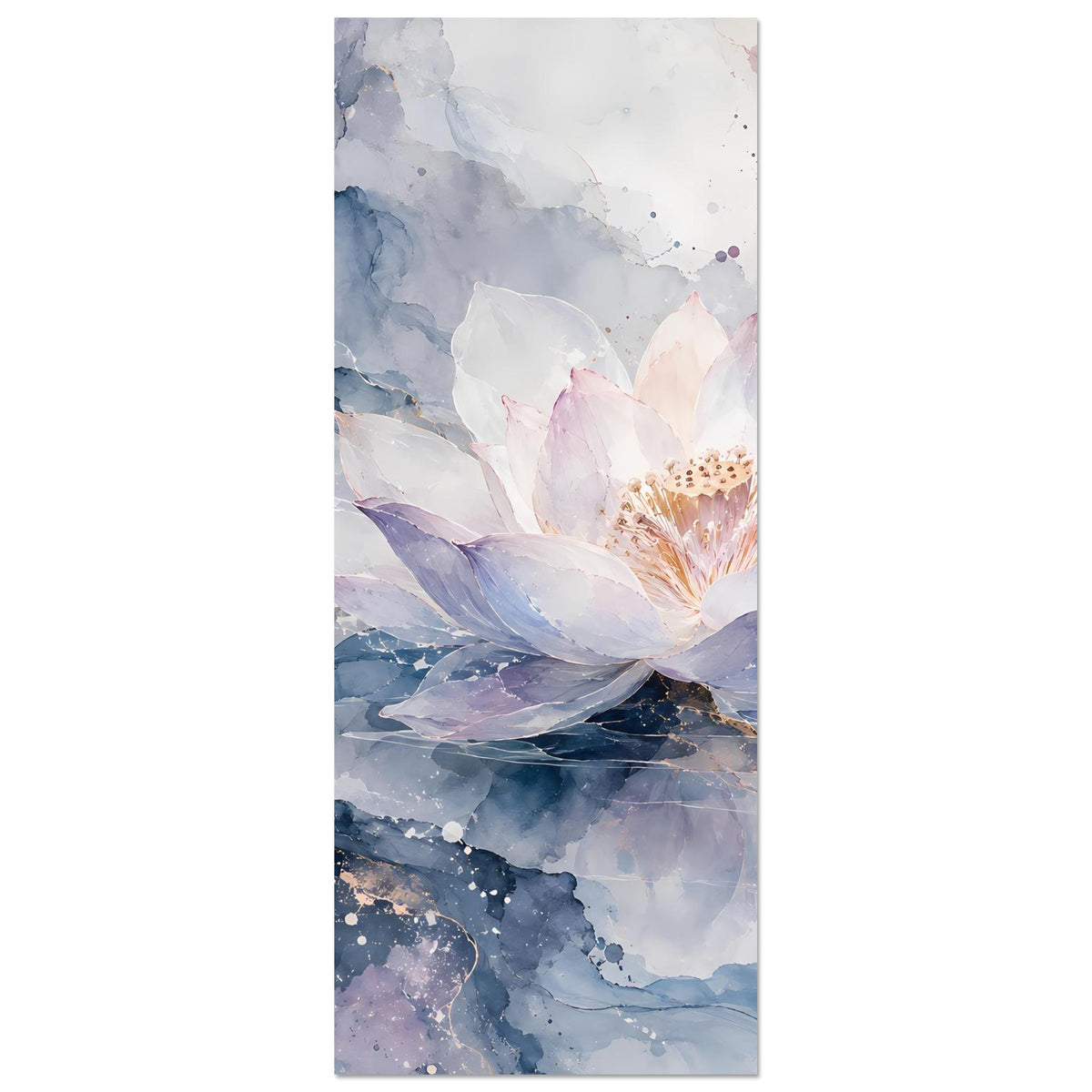 Blumenposter Hochformat mit Lotusblüte in Weiß und Flieder, Hintergrund in Blau und Lila