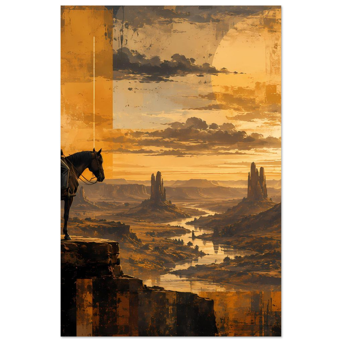 Wandposter im Hochformat: Cowboy auf Pferd am Rand des Felsens, Wüste bei Sonnenuntergang